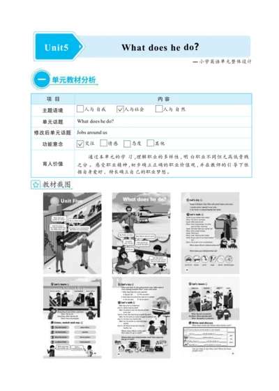 Unit 5 What does he do  单元整体教学设计(表格式）