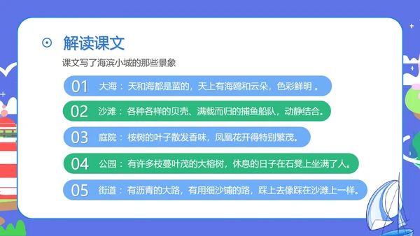 蓝色扁平风三年级语文海滨小城课件PPT模板