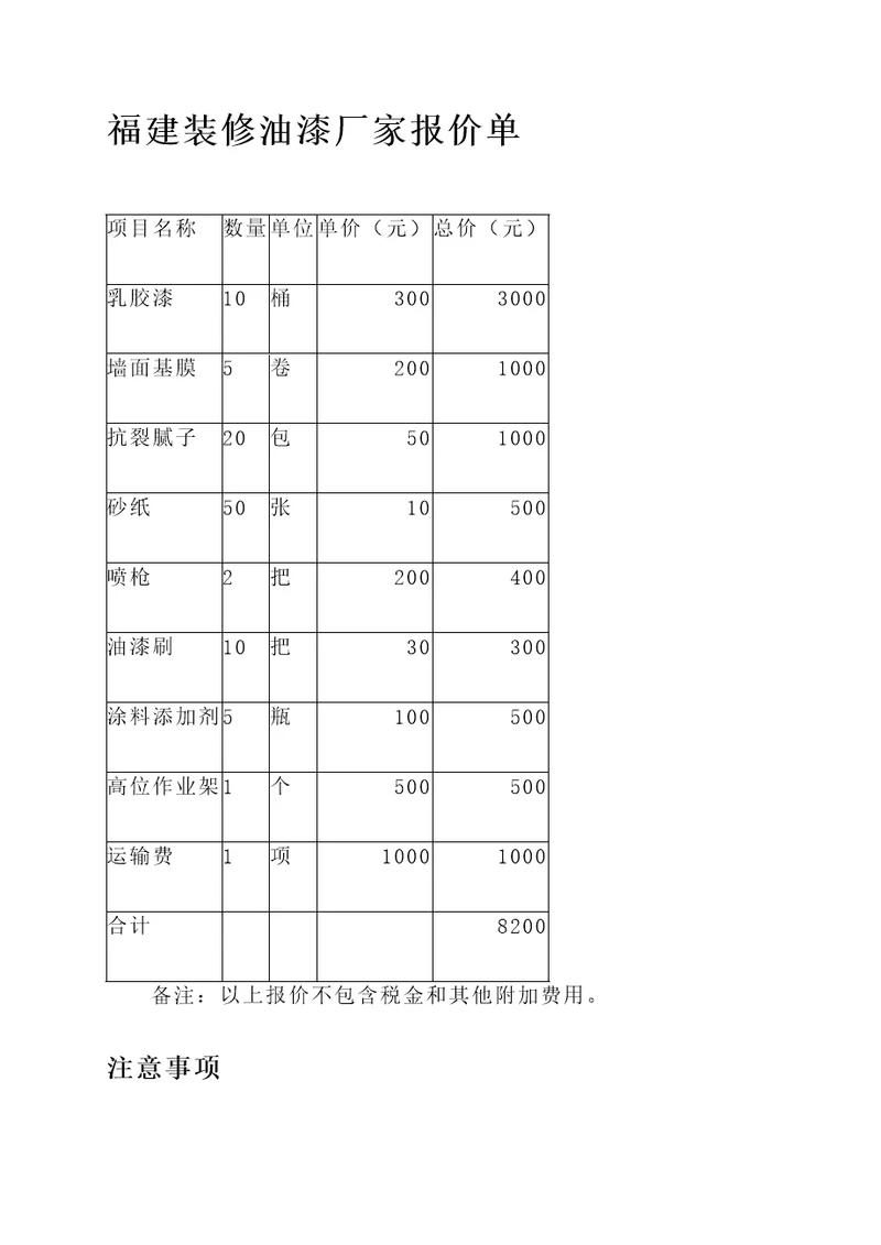 福建装修油漆厂家报价单