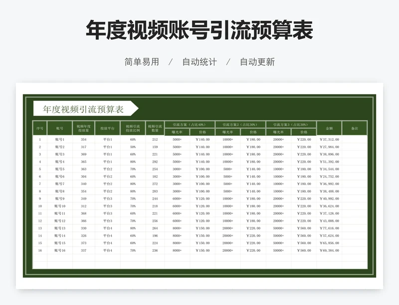 年度视频账号引流预算表