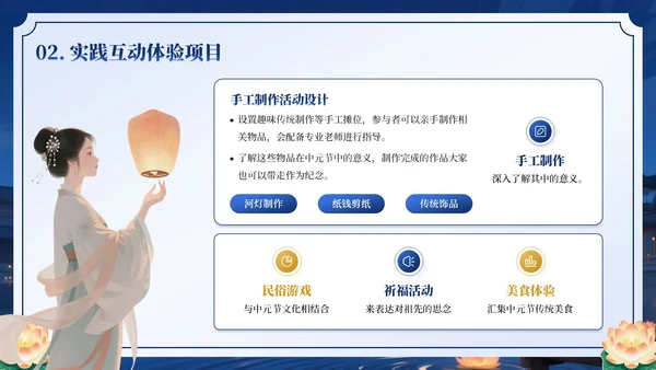 深蓝色插画风中元寄思PPT模板