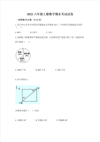 2022六年级上册数学期末考试试卷及参考答案b卷