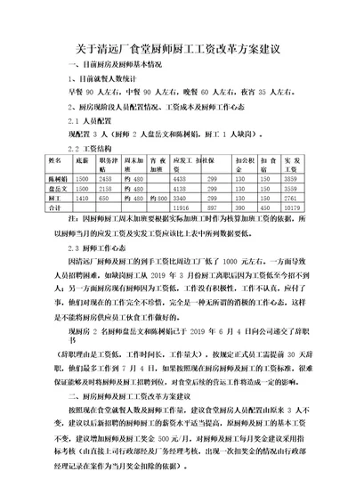 关于食堂厨师厨工工资改革方案建议