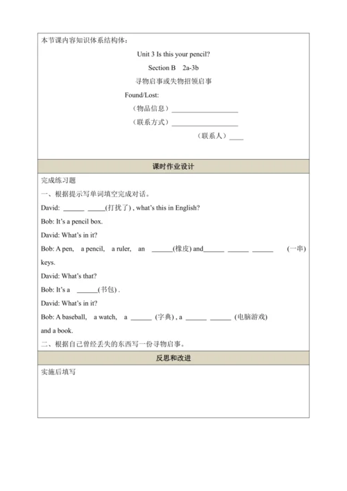 第四课时（Section B 2a-3b）教学设计   Unit 3 Is this your pe