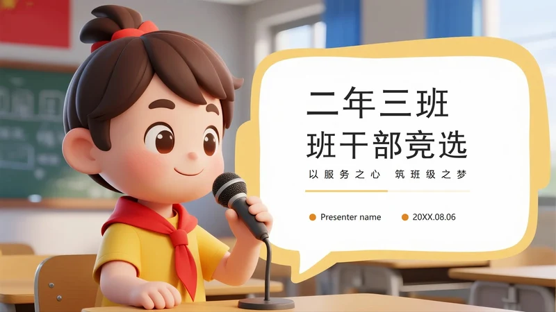 黄色可爱3D卡通风小学班级班干部竞选PPT模板