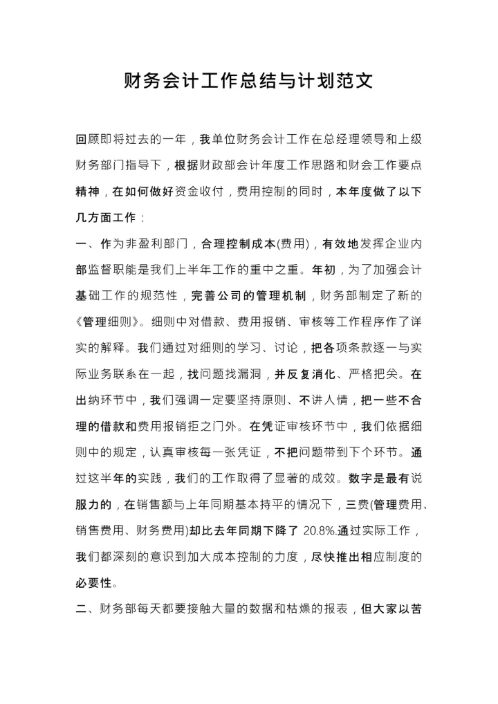 财务会计工作总结与计划范文