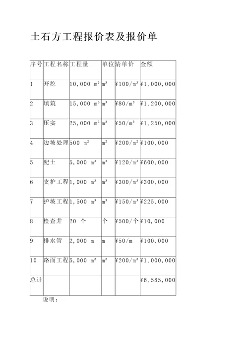土石方工程报价表报价单