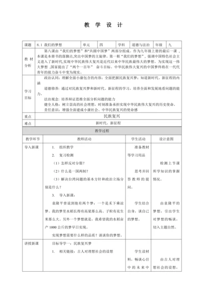 8.1 我们的梦想 教案（表格式）人教版九年级道德与法治 上册 第四单元