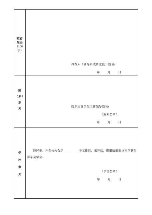 国家奖学金申请表