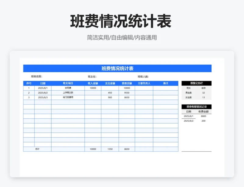 简约蓝色班费情况统计表