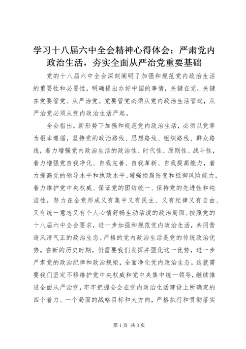 学习十八届六中全会精神心得体会：严肃党内政治生活，夯实全面从严治党重要基础.docx