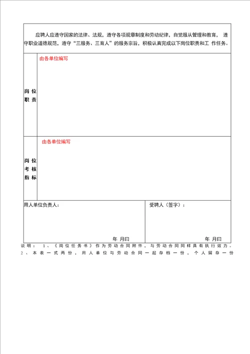 岗位任务书填写及表样说明