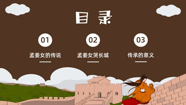 深棕色水彩插画孟姜女哭长城说课PPT课件神话故事