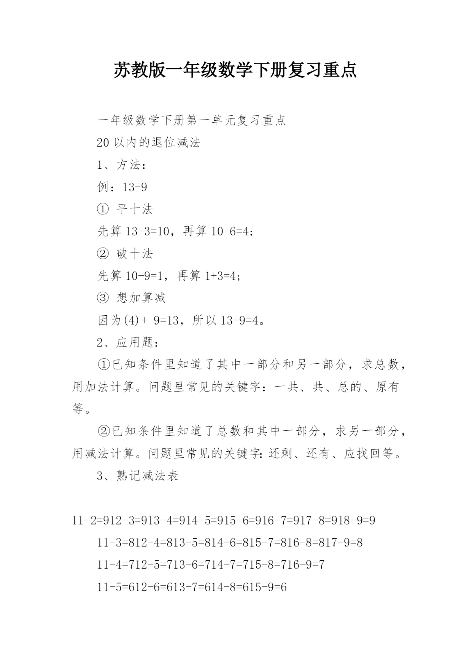苏教版一年级数学下册复习重点.docx