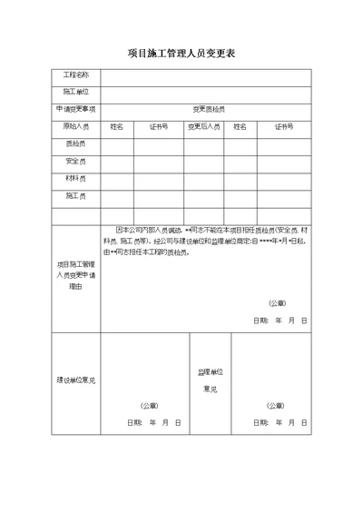 项目施工管理人员变更表--模板