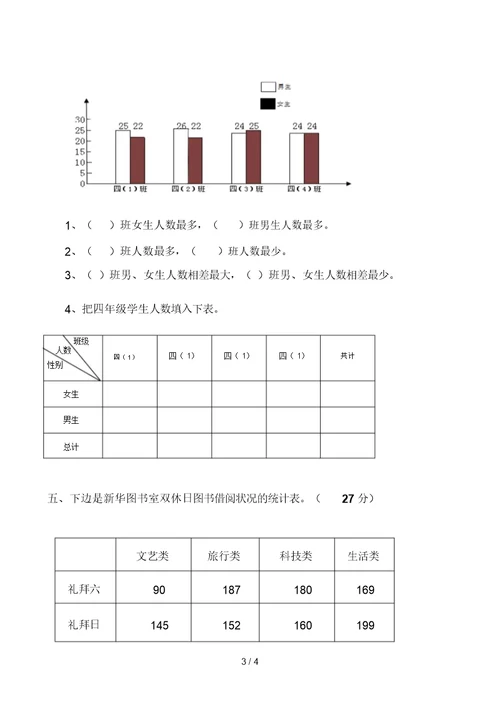 北师大版四年级上册数学单元检测：第单元统计