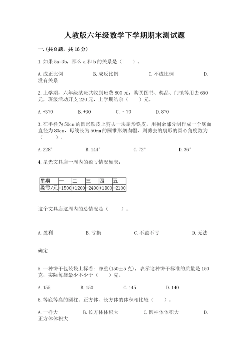 人教版六年级数学下学期期末测试题附答案【综合题】.docx