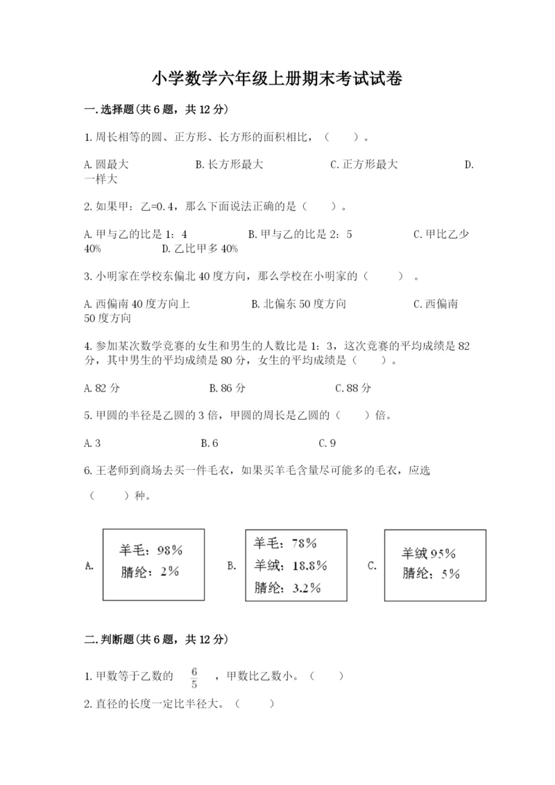 小学数学六年级上册期末考试试卷及参考答案【培优a卷】.docx