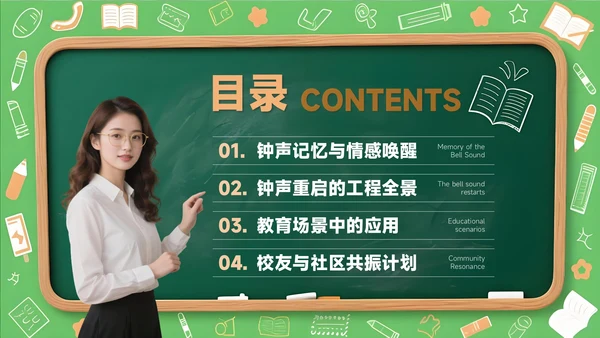 橙色创意风开学季新学年规划校园钟声再响起PPT模板