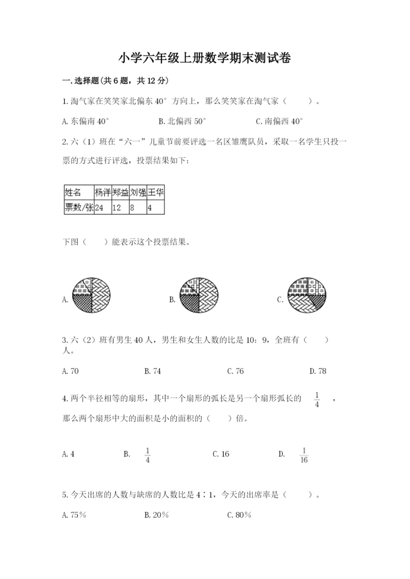 小学六年级上册数学期末测试卷带答案（达标题）.docx