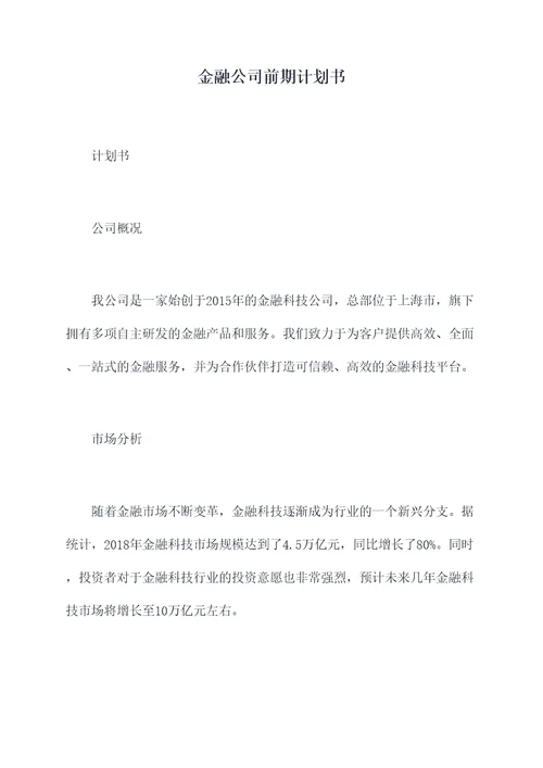 金融公司前期计划书