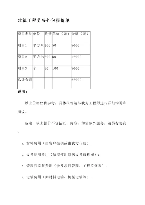 建筑工程劳务外包报价单