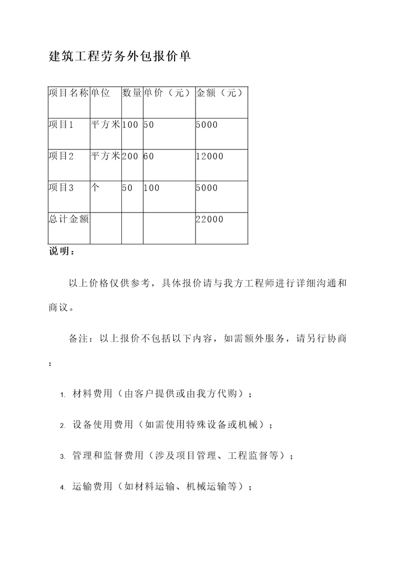 建筑工程劳务外包报价单