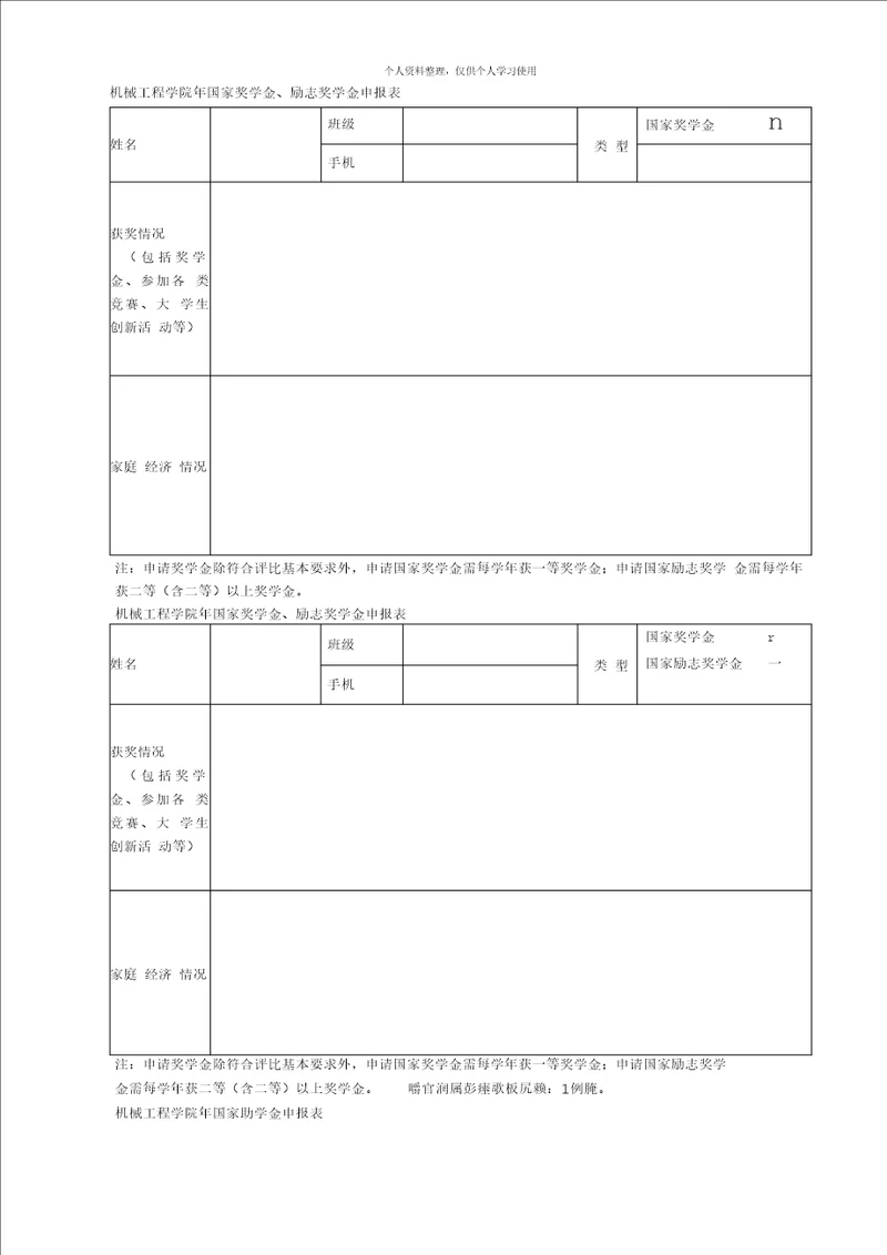 机械工程学院年国家奖学金、励志奖学金申报表