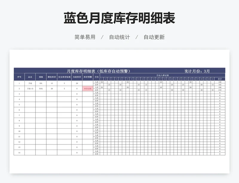 蓝色月度库存明细表