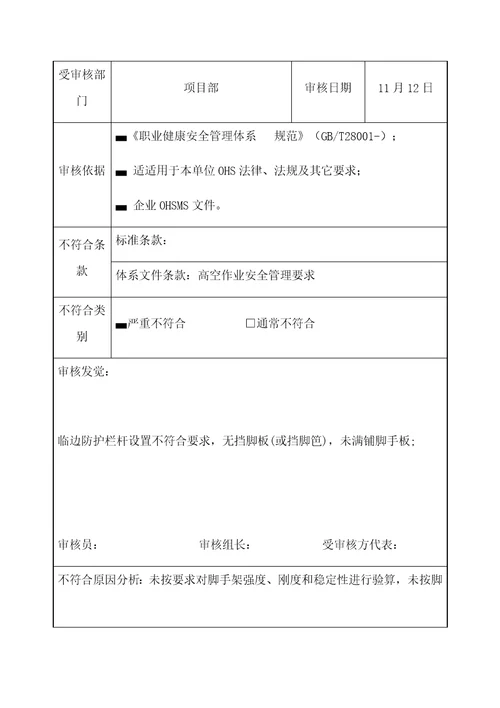 不符合项报告样稿