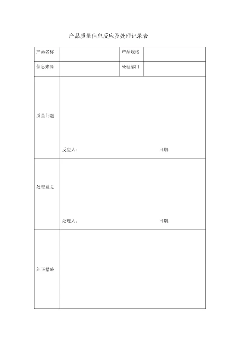 产品质量信息反馈及处理记录表