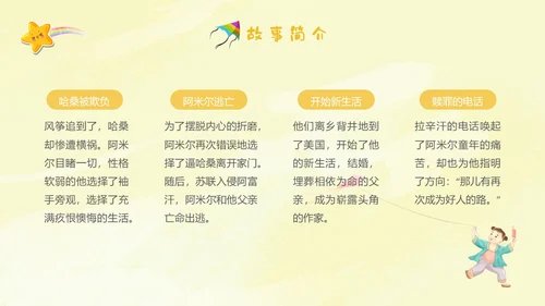 黄色插画手绘追风筝的人读书分享会读书爱好者PPT