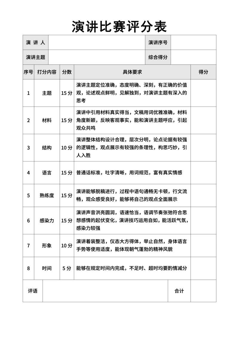 演讲比赛评分表比赛记分表