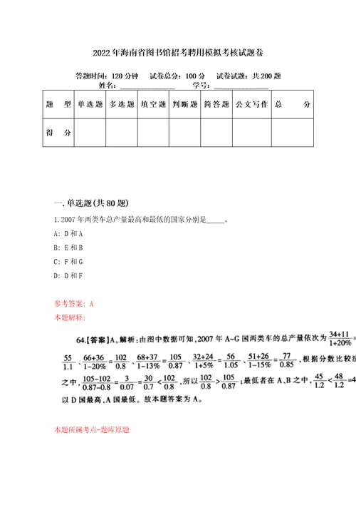 2022年海南省图书馆招考聘用模拟考核试题卷1