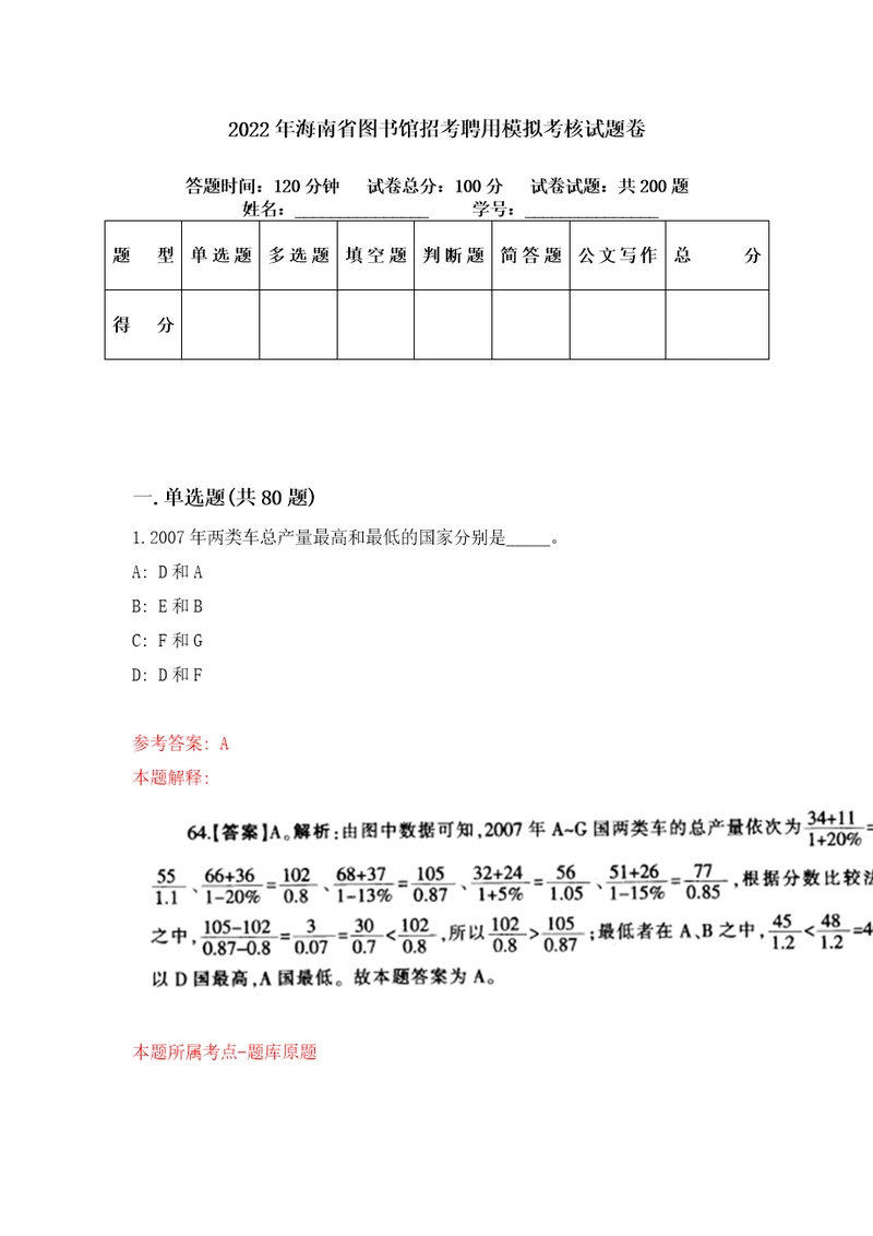 2022年海南省图书馆招考聘用模拟考核试题卷1