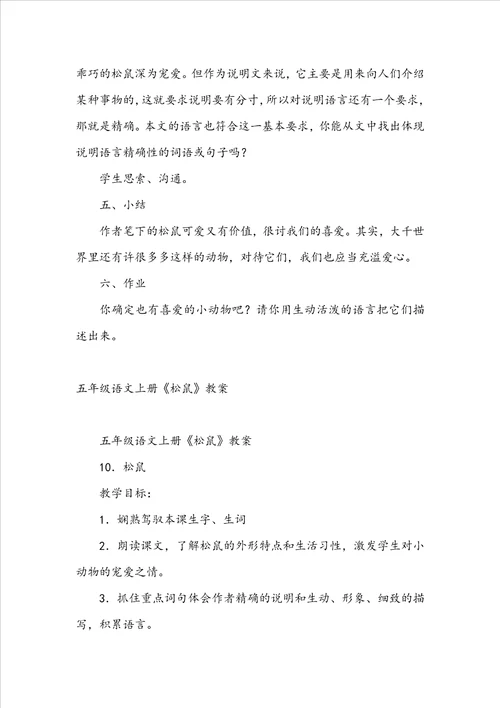 五年级语文下册松鼠教案