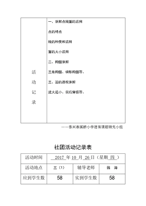 2017-2018第一学年美术社团活动记录表