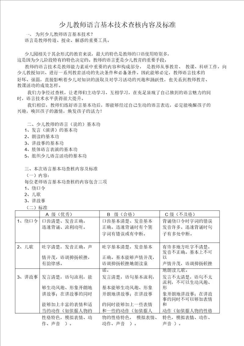 幼儿教师语言基本技能考核内容及标准