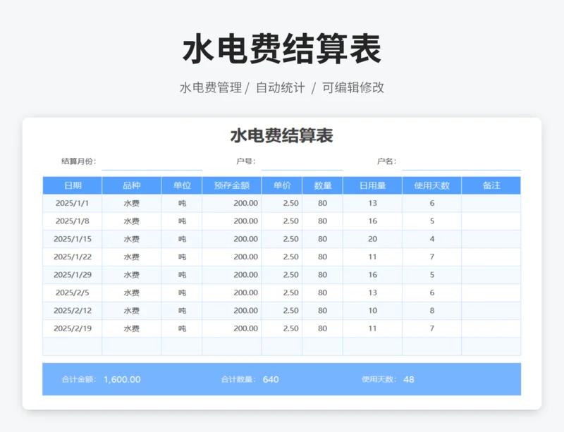 水电费结算表