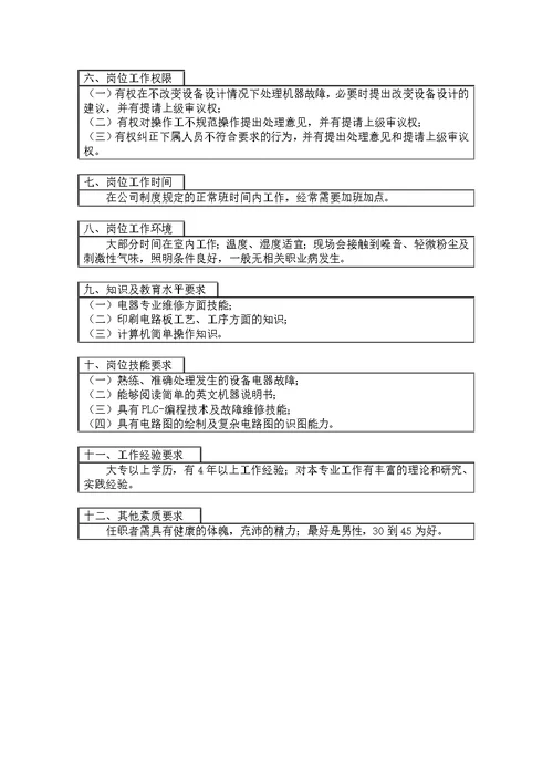 电器维修技术员岗位说明书(Document 2页)