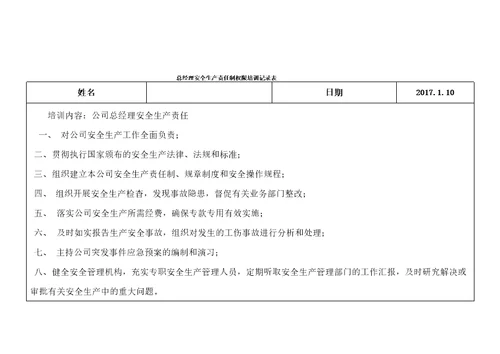 完整版各级管理层安全生产责任制权限培训记录表