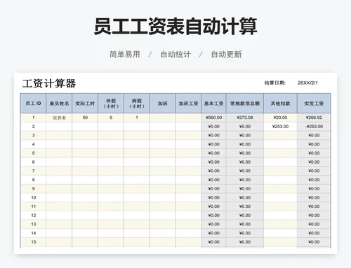 员工工资表自动计算