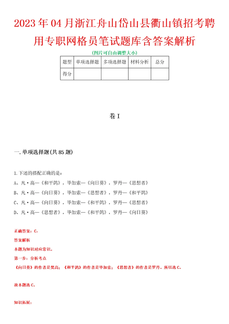 2023年04月浙江舟山岱山县衢山镇招考聘用专职网格员笔试题库含答案解析