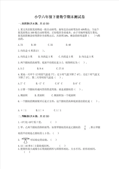 小学六年级下册数学期末测试卷附答案ab卷