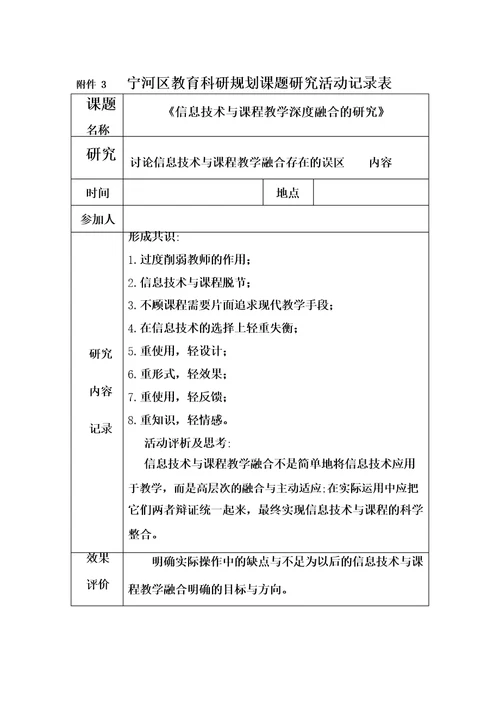 信息技术与课程教学深度融合的研究课题研究活动记录表