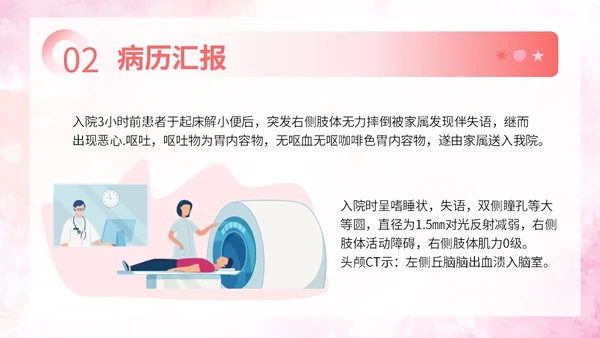 粉色扁平插画脑出血病人的护理查房简约培训PPT脑出血护理查房