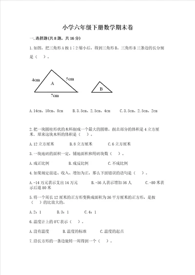 小学六年级下册数学期末卷附完整答案名师系列