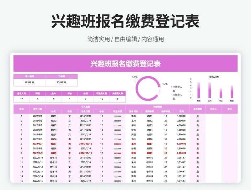 报名缴费登记表