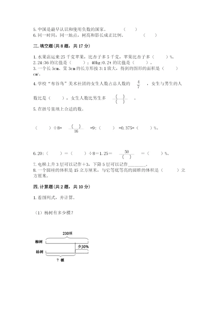 凤台县六年级下册数学期末测试卷必考题.docx