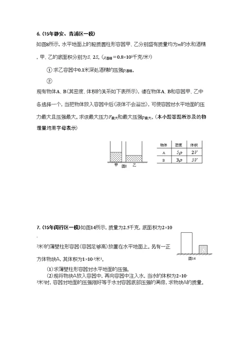 2016年上海各区中考物理一模压轴题汇总之计算：压强专题